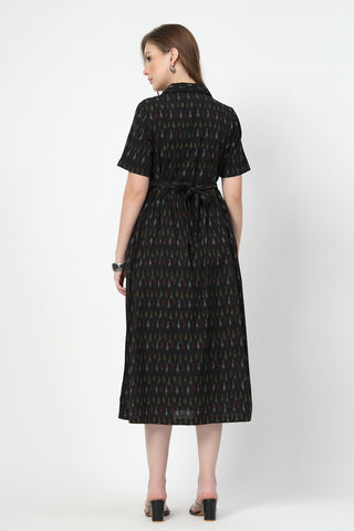 Close Up of Cotton Fabric Detail on Ikat Print Zipless Feeding Dress-Black