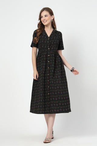 Back View of Ikat Print Zipless Feeding Dress-Black - Flattering Silhouette for Pregnancy