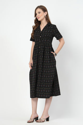 Woman wearing Ikat Print Zipless Feeding Dress-Black in Black - Pre & Post Pregnancy
