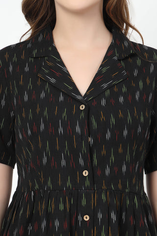 Soft Cotton Texture of Ikat Print Zipless Feeding Dress-Black - Breathable & Comfy