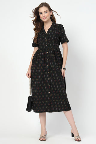 Practical Cotton Feeding Dress with Pockets - Ikat Print Zipless Feeding Dress-Black