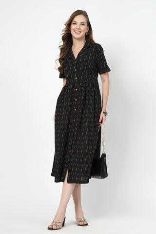 Studio Shot of Ikat Print Zipless Feeding Dress-Black showing Cotton Design Quality