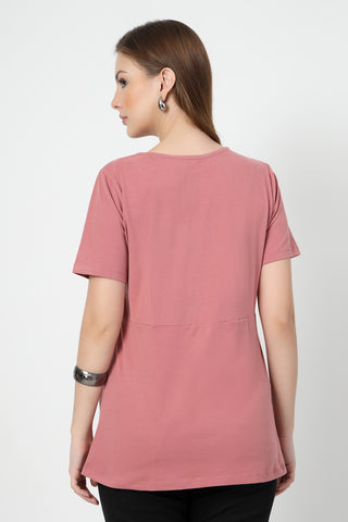 Close-up of pink Maternity Tops showing Long Zip for easy nursing access.