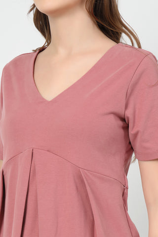 Side or angle view of Pleated Cotton Maternity Nursing Top - Deep Salmon showing the Maternity Tops silhouette and fit.