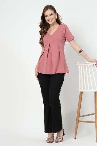 Styling detail of Pleated Cotton Maternity Nursing Top - Deep Salmon, highlighting pink print and Maternity Tops design.