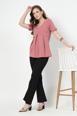 Pleated Cotton Maternity Nursing Top - Deep Salmon shown from alternate angle, highlighting comfort for all-day wear.