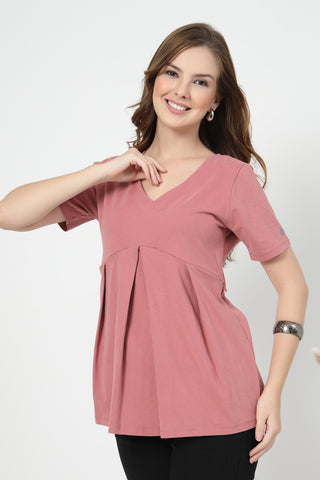 Detailed view of Pleated Cotton Maternity Nursing Top - Deep Salmon Long Zip access and Cotton construction.