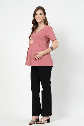 Side or angle view of Pleated Cotton Maternity Nursing Top - Deep Salmon showing the Maternity Tops silhouette and fit.