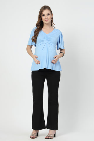 Close-up texture of Feeding top with in-built bra - Ice Blue in sky-blue, showing the soft Viscose fabric.