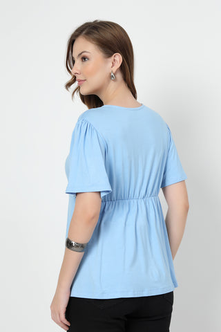 Close-up of sky-blue Maternity Tops showing Zip for easy nursing access.