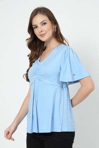 Feeding top with in-built bra - Ice Blue shown from alternate angle, highlighting comfort for all-day wear.
