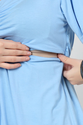 Model wears sky-blue Maternity Tops; stylish maternity fit with Zip function.