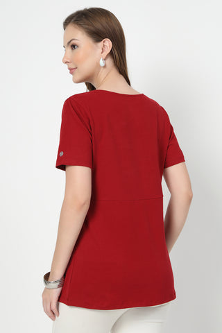 Close-up of red Maternity Tops showing Long Zip for easy nursing access.