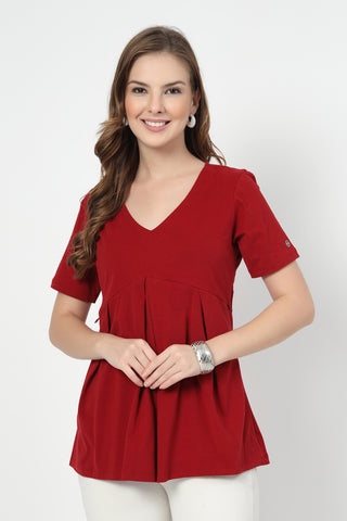 Pleated Cotton Maternity Nursing Top - Red in red made with soft Cotton fabric.