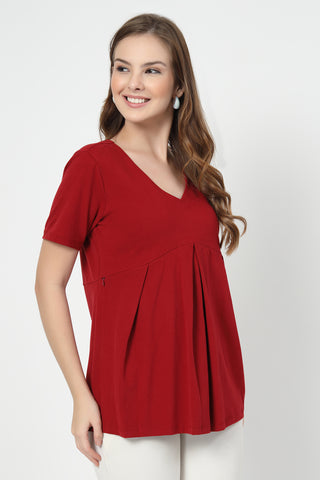 Interior view of Pleated Cotton Maternity Nursing Top - Red showing Long Zip.