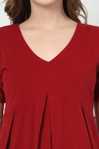 New mom wearing red Maternity Tops; shows flattering post-delivery fit and Long Zip.
