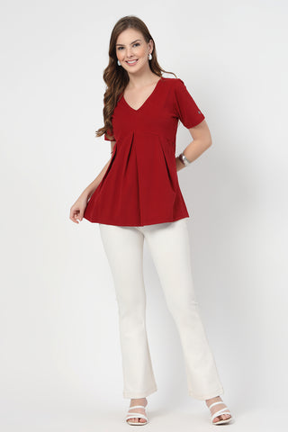 Side or angle view of Pleated Cotton Maternity Nursing Top - Red showing the Maternity Tops silhouette and fit.