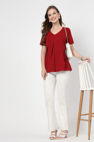 Close-up texture of Pleated Cotton Maternity Nursing Top - Red in red, showing the soft Cotton fabric.