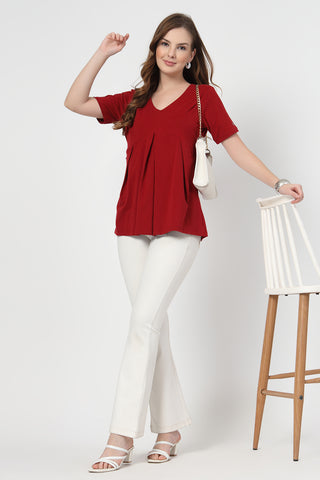 Styling detail of Pleated Cotton Maternity Nursing Top - Red, highlighting red print and Maternity Tops design.