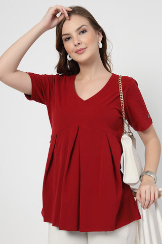 Pleated Cotton Maternity Nursing Top - Red shown from alternate angle, highlighting comfort for all-day wear.