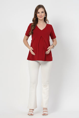 Detailed view of Pleated Cotton Maternity Nursing Top - Red Long Zip access and Cotton construction.