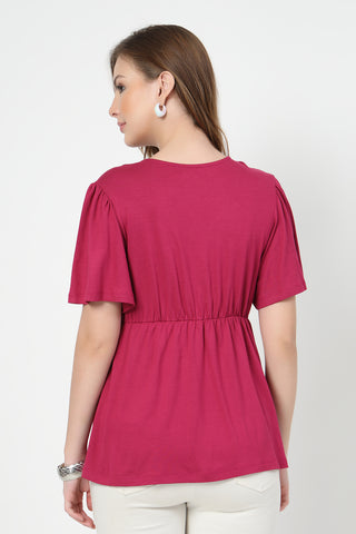 Close-up of onion-pink Maternity Tops showing Zip for easy nursing access.