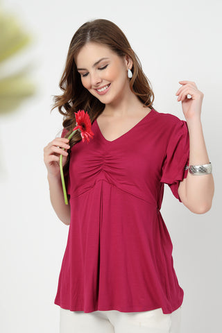 Detailed view of Feeding top with in-built bra - Deep Rose Zip access and Viscose construction.