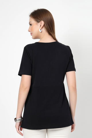 Close-up of black Maternity Tops showing Long Zip for easy nursing access.