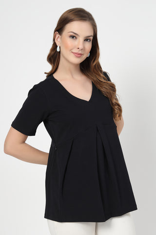 Interior view of Pleated Cotton Maternity Nursing Top - Black showing Long Zip.