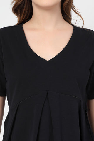 New mom wearing black Maternity Tops; shows flattering post-delivery fit and Long Zip.