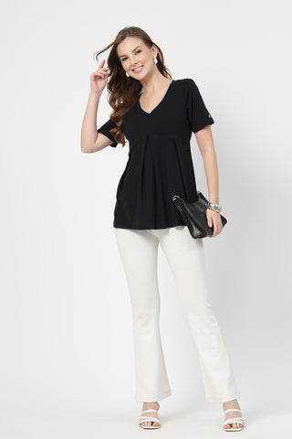 Styling detail of Pleated Cotton Maternity Nursing Top - Black, highlighting black print and Maternity Tops design.