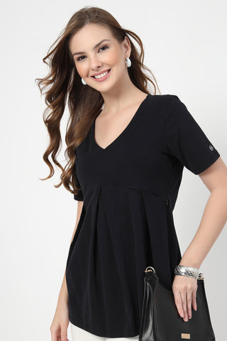 Pleated Cotton Maternity Nursing Top - Black shown from alternate angle, highlighting comfort for all-day wear.