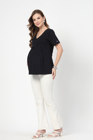 Detailed view of Pleated Cotton Maternity Nursing Top - Black Long Zip access and Cotton construction.
