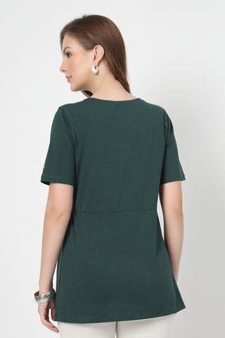 Close-up of bottle-green Maternity Tops showing Zip for easy nursing access.