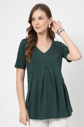 Pleated Cotton Maternity Nursing Top - Bottle Green in bottle-green made with soft Cotton fabric.