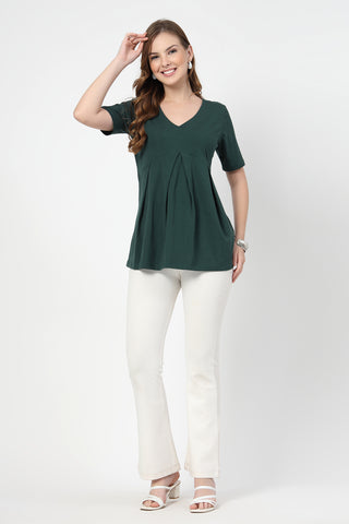 Alternate detail view of Pleated Cotton Maternity Nursing Top - Bottle Green in bottle-green, highlighting Zip.