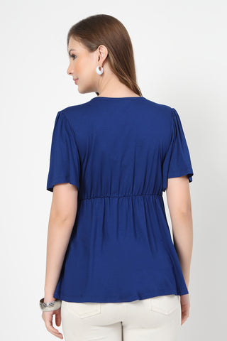 Close-up of blue Maternity Tops showing Zip for easy nursing access.