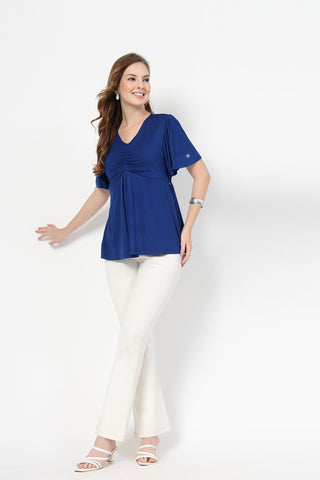 Side or angle view of Feeding top with in-built bra - Royal Blue showing the Maternity Tops silhouette and fit.