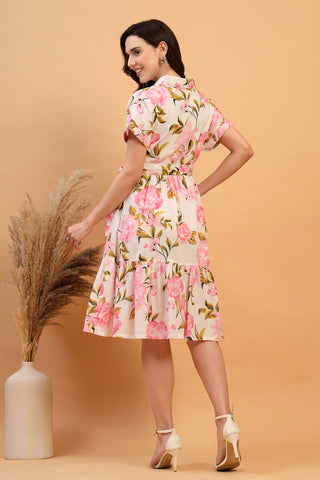 Close Up of Cotton Fabric Detail on Tara Rose Bloom Printed Tiered Cotton Poplin Zipless Feeding Shirt Dress