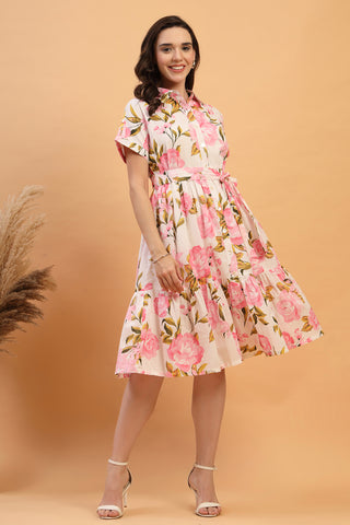 Back View of Tara Rose Bloom Printed Tiered Cotton Poplin Zipless Feeding Shirt Dress - Flattering Silhouette for
