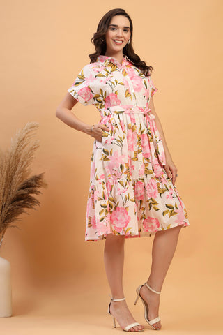 Soft Cotton Texture of Tara Rose Bloom Printed Tiered Cotton Poplin Zipless Feeding Shirt Dress - Breathable & Comfy