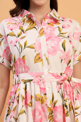 Stylish Red Maternity Wear - Tara Rose Bloom Printed Tiered Cotton Poplin Zipless Feeding Shirt Dress for New Moms