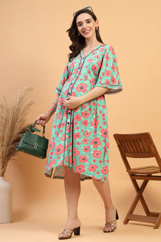 Woman wearing The Elara Dress- The Blossom Trail Zipless Feeding Shirt Dress in Stylish - Pre & Post Pregnancy