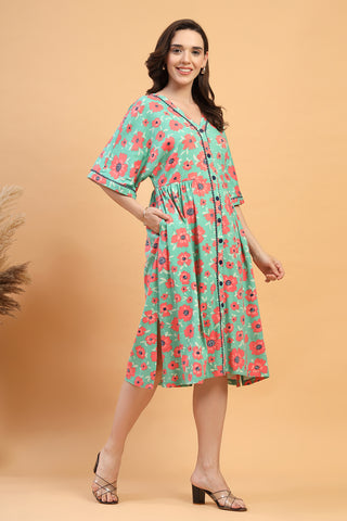 Back View of The Elara Dress- The Blossom Trail Zipless Feeding Shirt Dress - Flattering Silhouette for Pregnancy
