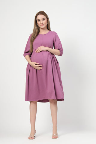 Back View of Maternity & Nursing Knee-Length Cotton Dress with Pocket - Flattering Silhouette for Pregnancy