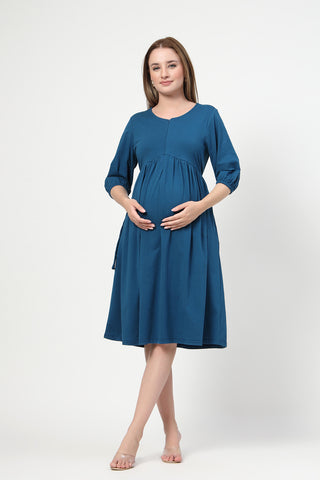 Maternity & Nursing Knee-Length Cotton Dress with Pocket Front View - Airforce Cotton Maternity Dress with Feeding Zips