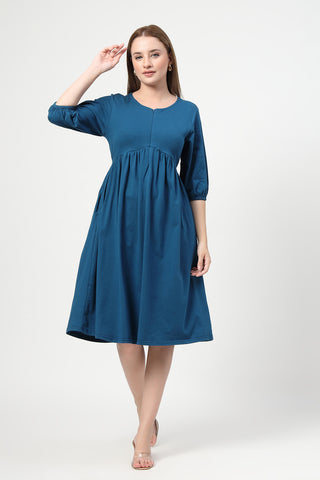 Stylish Airforce Maternity Wear - Maternity & Nursing Knee-Length Cotton Dress with Pocket for New Moms