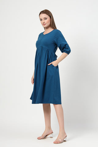 Soft Cotton Texture of Maternity & Nursing Knee-Length Cotton Dress with Pocket - Breathable & Comfy