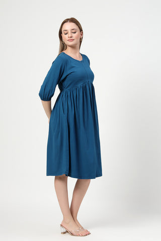 Woman wearing Maternity & Nursing Knee-Length Cotton Dress with Pocket in Airforce - Pre & Post Pregnancy
