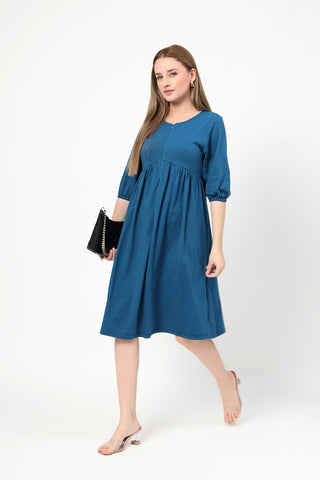 Practical Cotton Feeding Dress with Pockets - Maternity & Nursing Knee-Length Cotton Dress with Pocket